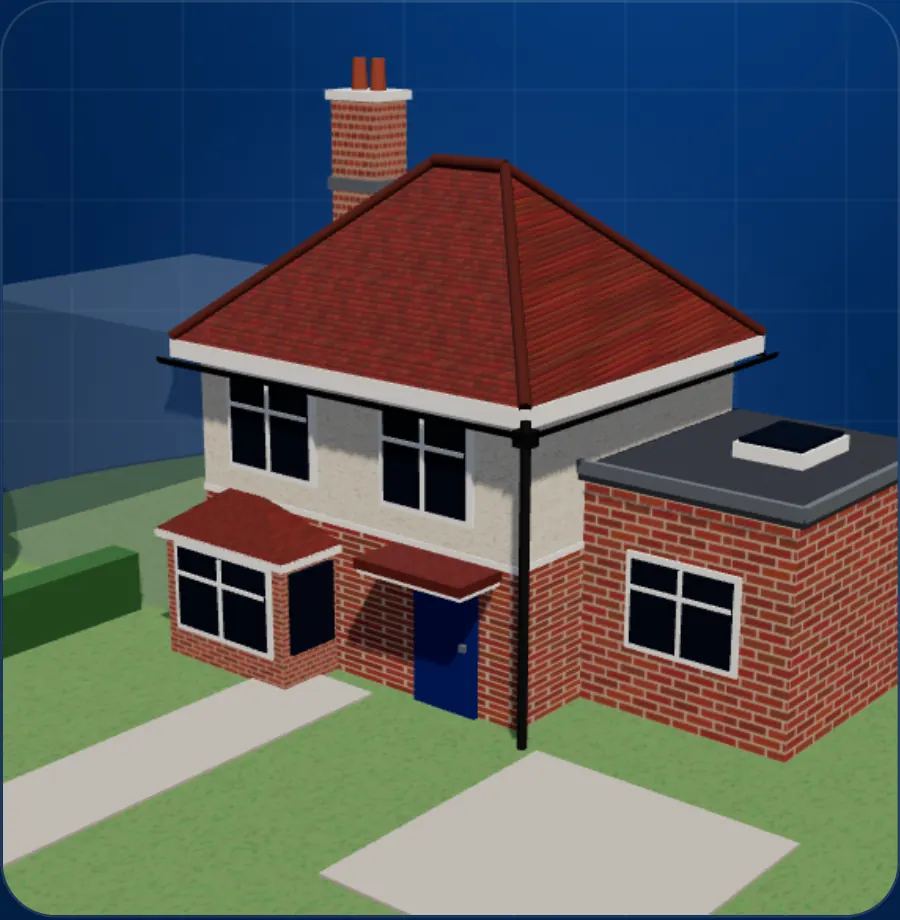 3D model of a 1930s south London semi with a hipped tiled roof, chimney, bay window, gutters and a flat-roofed extension